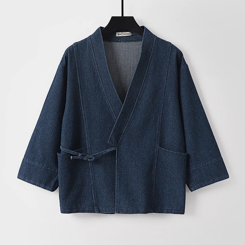 Unisex Jeans-Kimono-Jacke mit Bindegürtel und aufgesetzten Taschen Nord Taschen