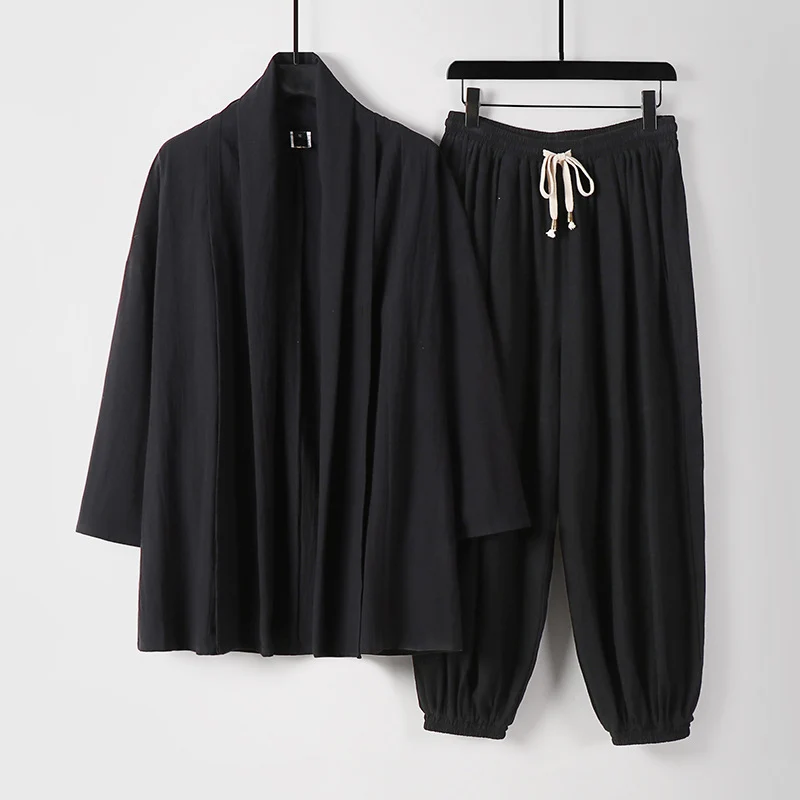 Unisex Entspanntes Kimono-Zweiteiler aus Baumwollmusselin mit Schalkragenjacke und geraffter Knöchelhose Nord Taschen