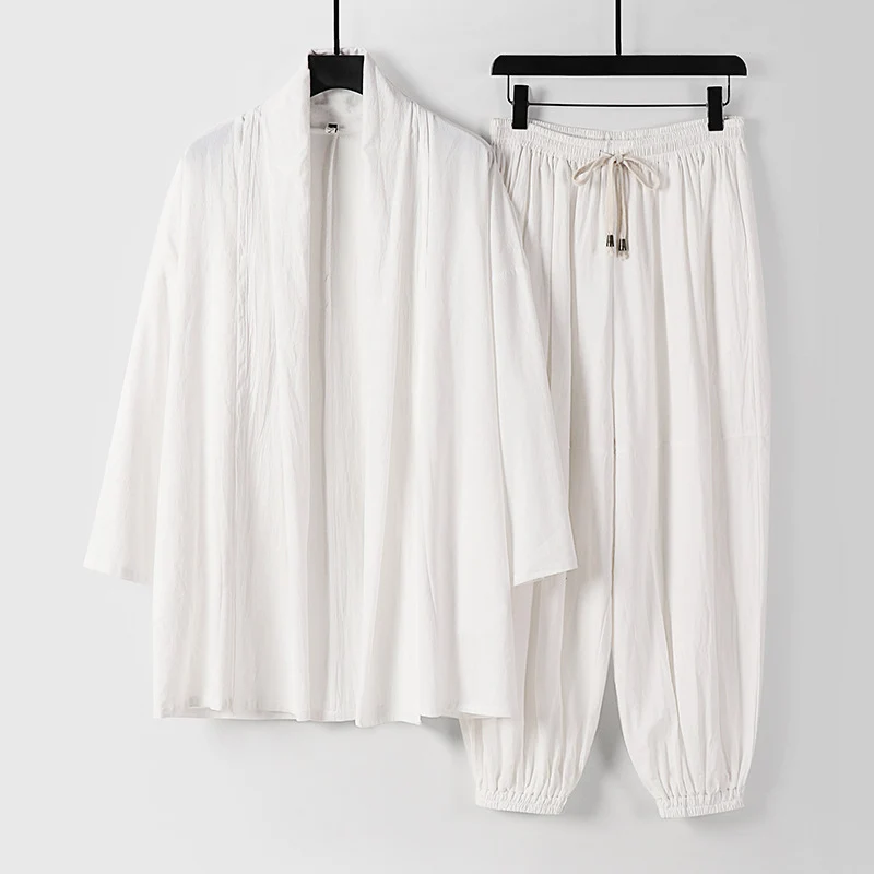 Unisex Entspanntes Kimono-Zweiteiler aus Baumwollmusselin mit Schalkragenjacke und geraffter Knöchelhose Nord Taschen