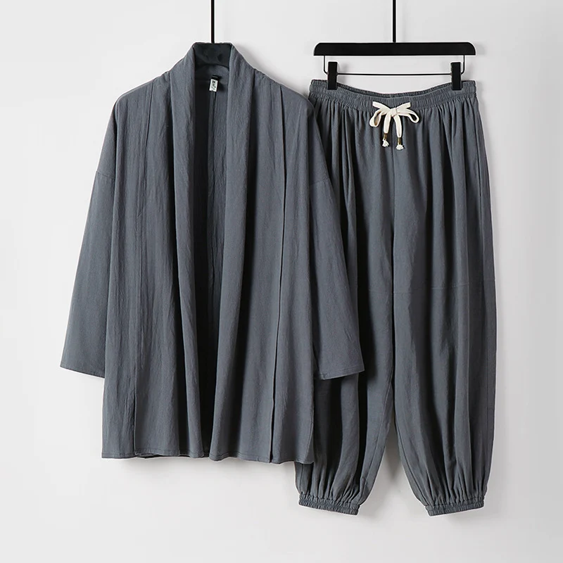 Unisex Entspanntes Kimono-Zweiteiler aus Baumwollmusselin mit Schalkragenjacke und geraffter Knöchelhose Nord Taschen