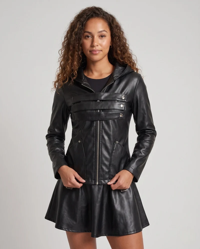 Damen Kunstlederjacke mit abnehmbarem Rock und praktischen Taschen Nord Taschen