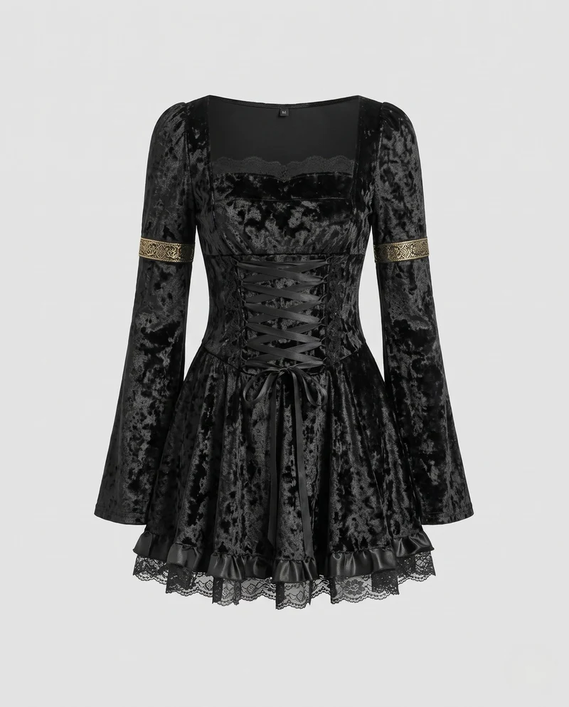 Damen Gothic Elegantes Minikleid mit Rüschendetails Nord Taschen