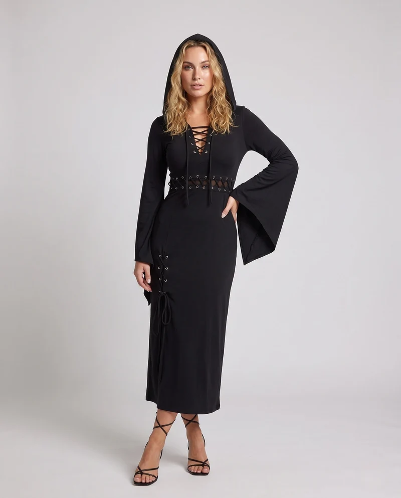 Damen Gothic Kleid mit Kapuze und weit ausgestellten Ärmeln Nord Taschen
