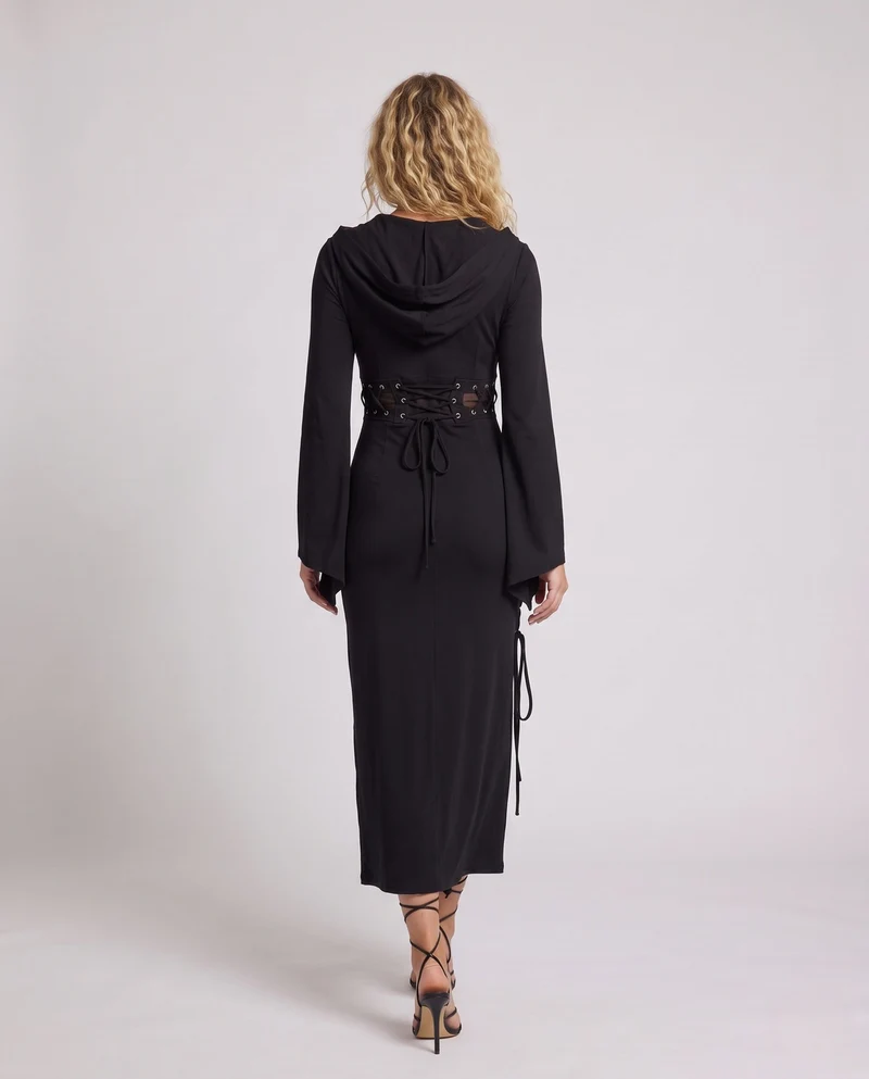 Damen Gothic Kleid mit Kapuze und weit ausgestellten Ärmeln Nord Taschen