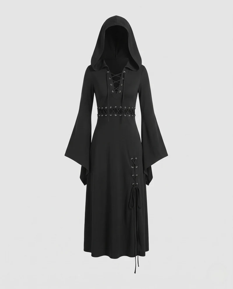 Damen Gothic Kleid mit Kapuze und weit ausgestellten Ärmeln Nord Taschen