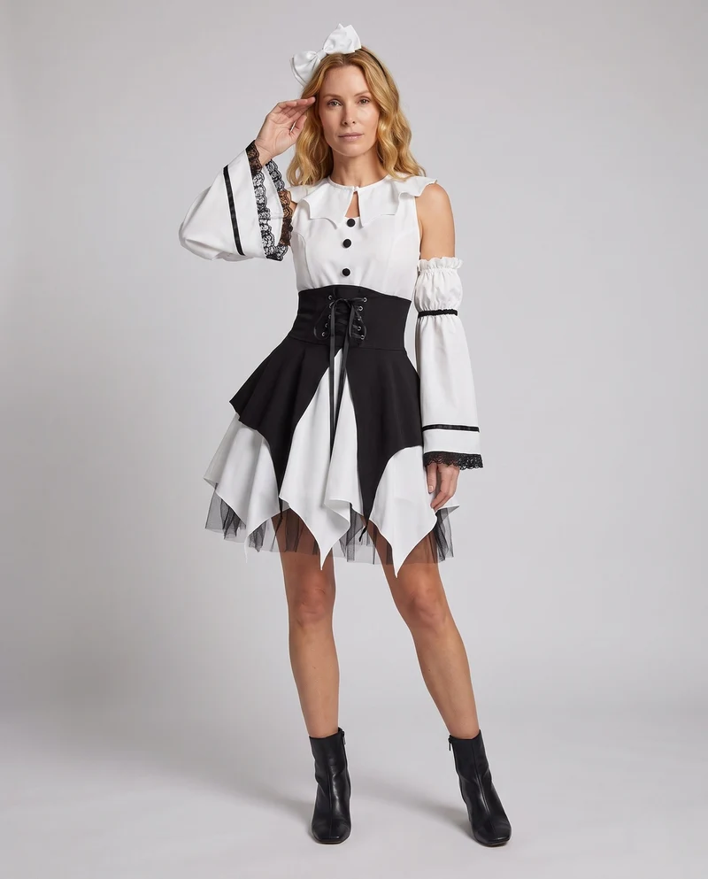 Damen Gothic Kleid mit Rüschendetails und Taillenbindung Nord Taschen