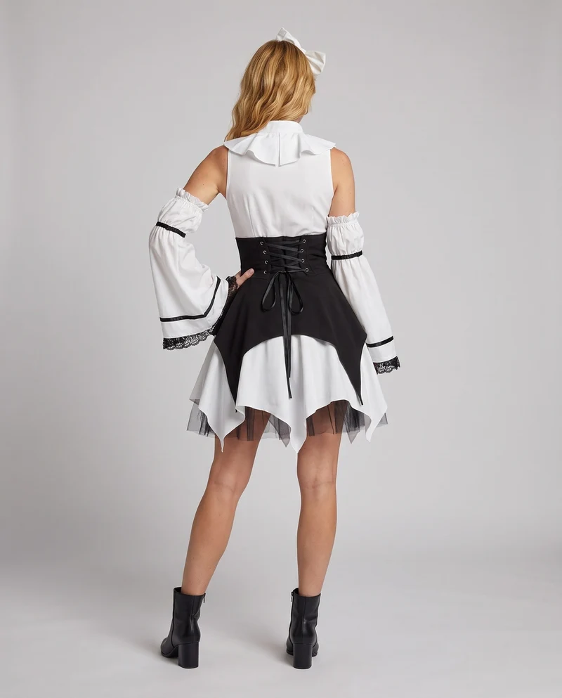 Damen Gothic Kleid mit Rüschendetails und Taillenbindung Nord Taschen