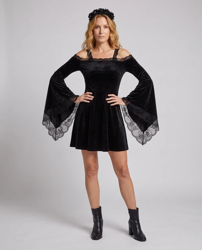 Damen Gothic-Kleid mit Spitzenärmeln und schwingendem Rock Nord Taschen
