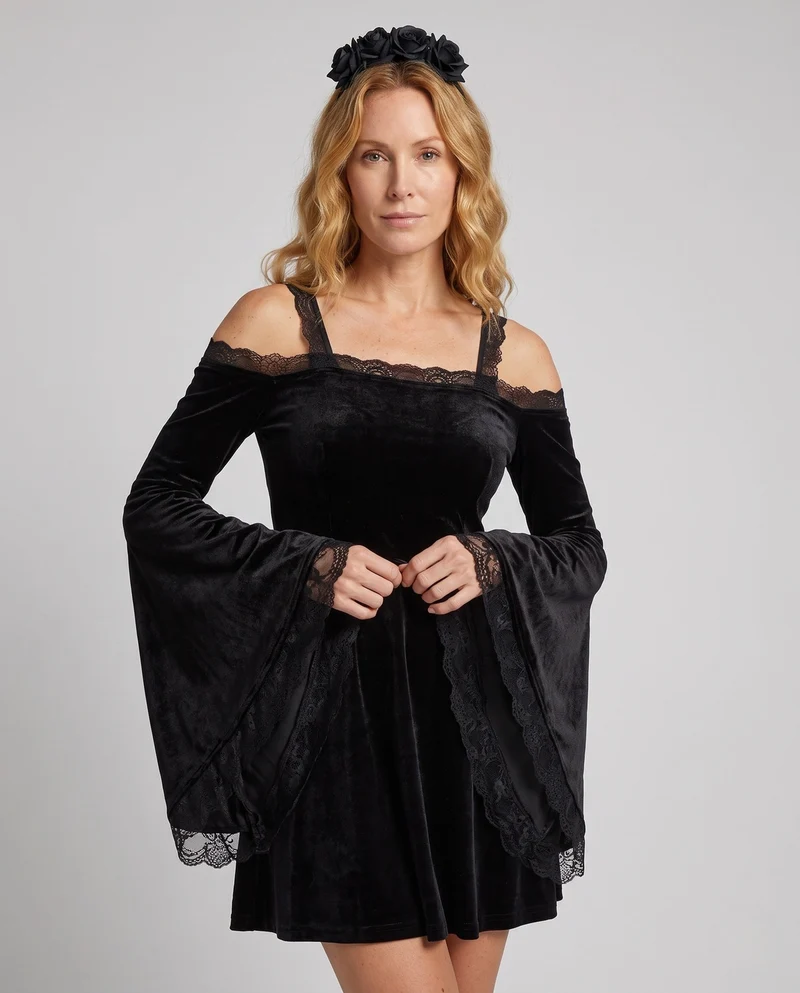 Damen Gothic-Kleid mit Spitzenärmeln und schwingendem Rock Nord Taschen