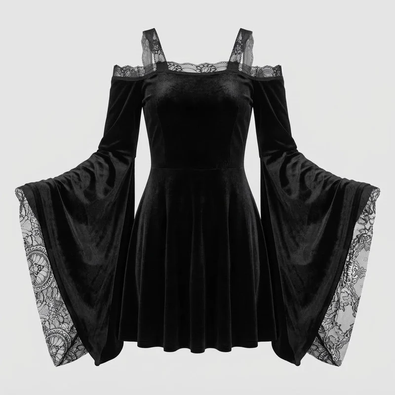 Damen Gothic-Kleid mit Spitzenärmeln und schwingendem Rock Nord Taschen