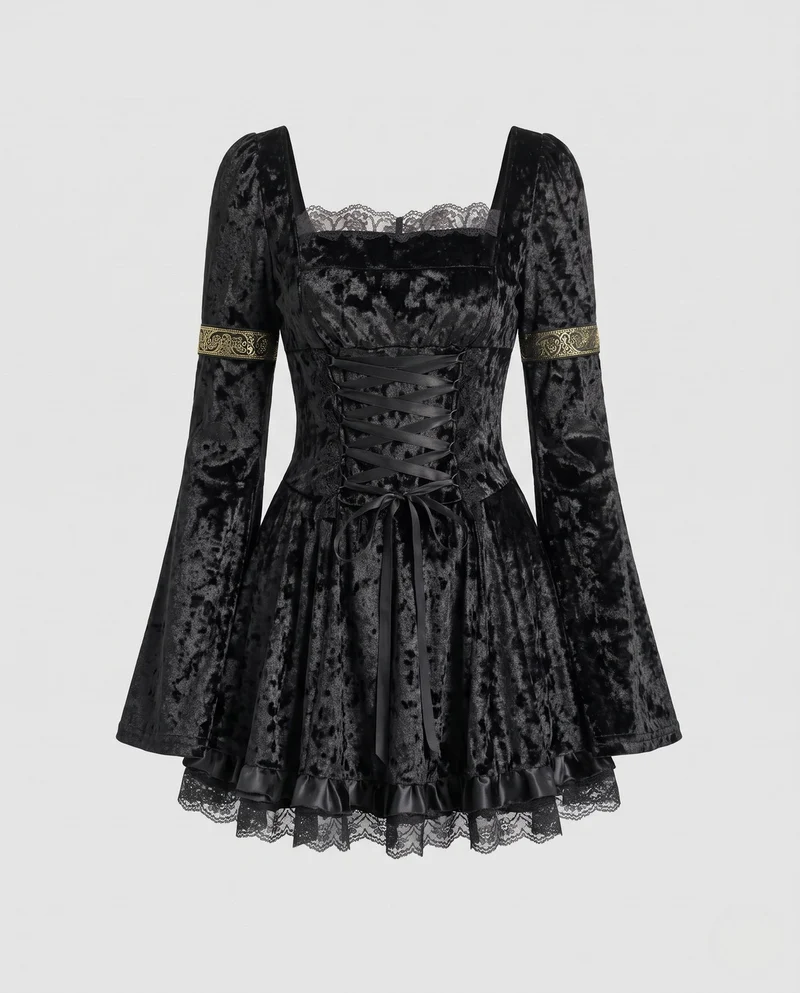 Damen Gothic Kleid mit Spitzenverzierungen und detailreicher Schnürung Nord Taschen