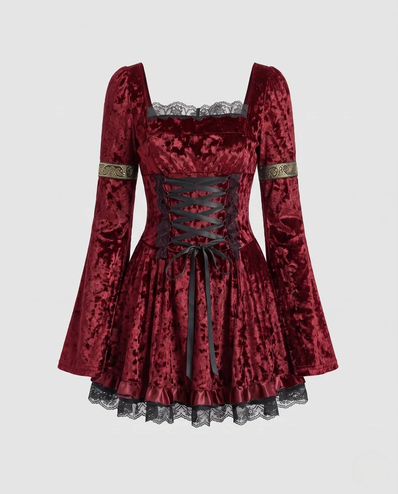 Damen Gothic Kleid mit Spitzenverzierungen und detailreicher Schnürung Nord Taschen