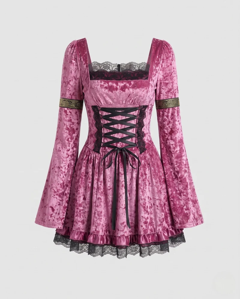 Damen Gothic Kleid mit Spitzenverzierungen und detailreicher Schnürung Nord Taschen