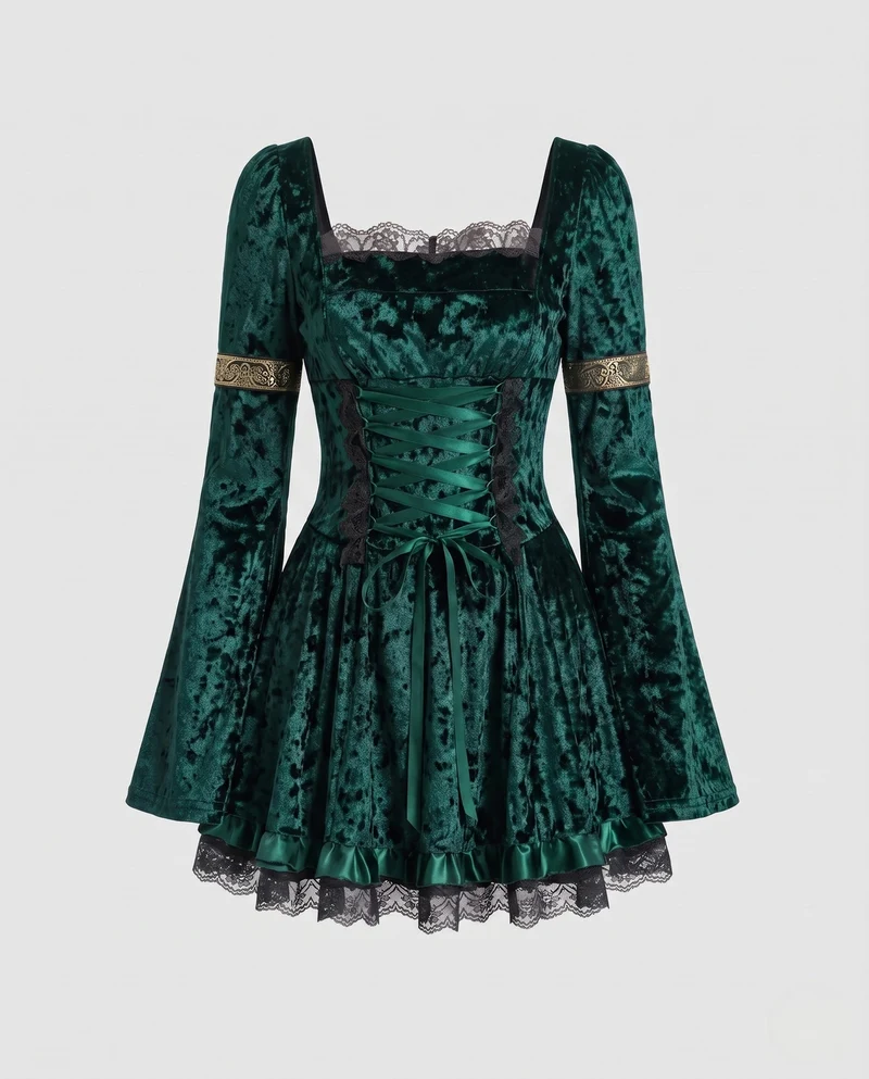 Damen Gothic Kleid mit Spitzenverzierungen und detailreicher Schnürung Nord Taschen