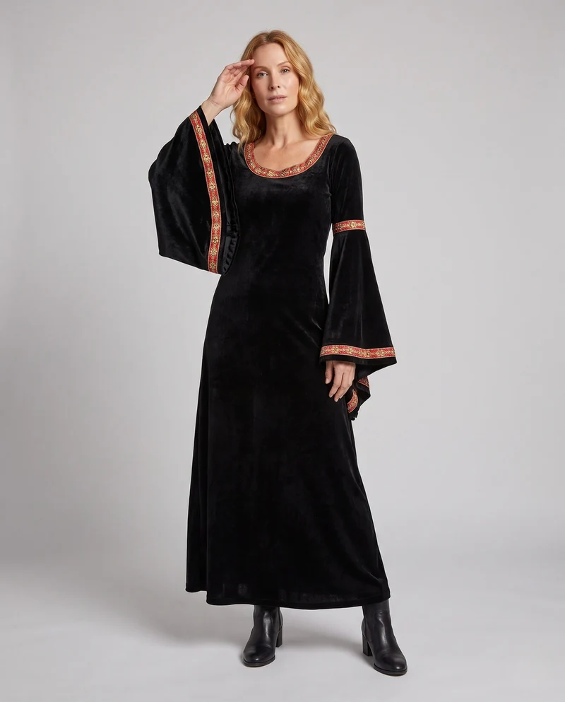 Damen Gothic Kostümkleid mit weit ausgestellten Ärmeln und Kapuze Nord Taschen