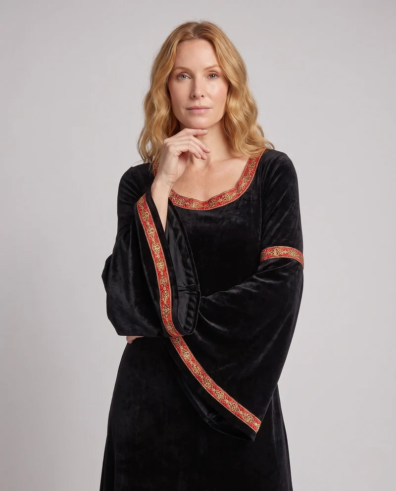Damen Gothic Kostümkleid mit weit ausgestellten Ärmeln und Kapuze Nord Taschen
