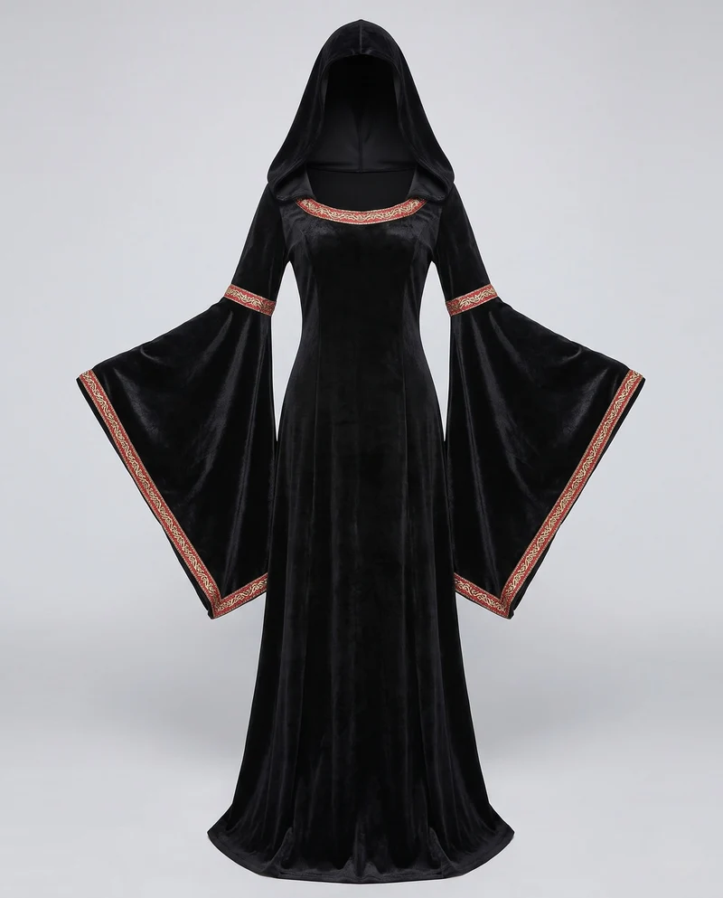 Damen Gothic Kostümkleid mit weit ausgestellten Ärmeln und Kapuze Nord Taschen