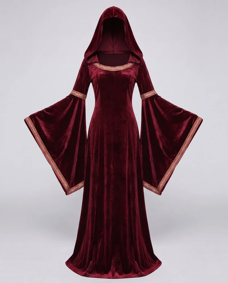 Damen Gothic Kostümkleid mit weit ausgestellten Ärmeln und Kapuze Nord Taschen