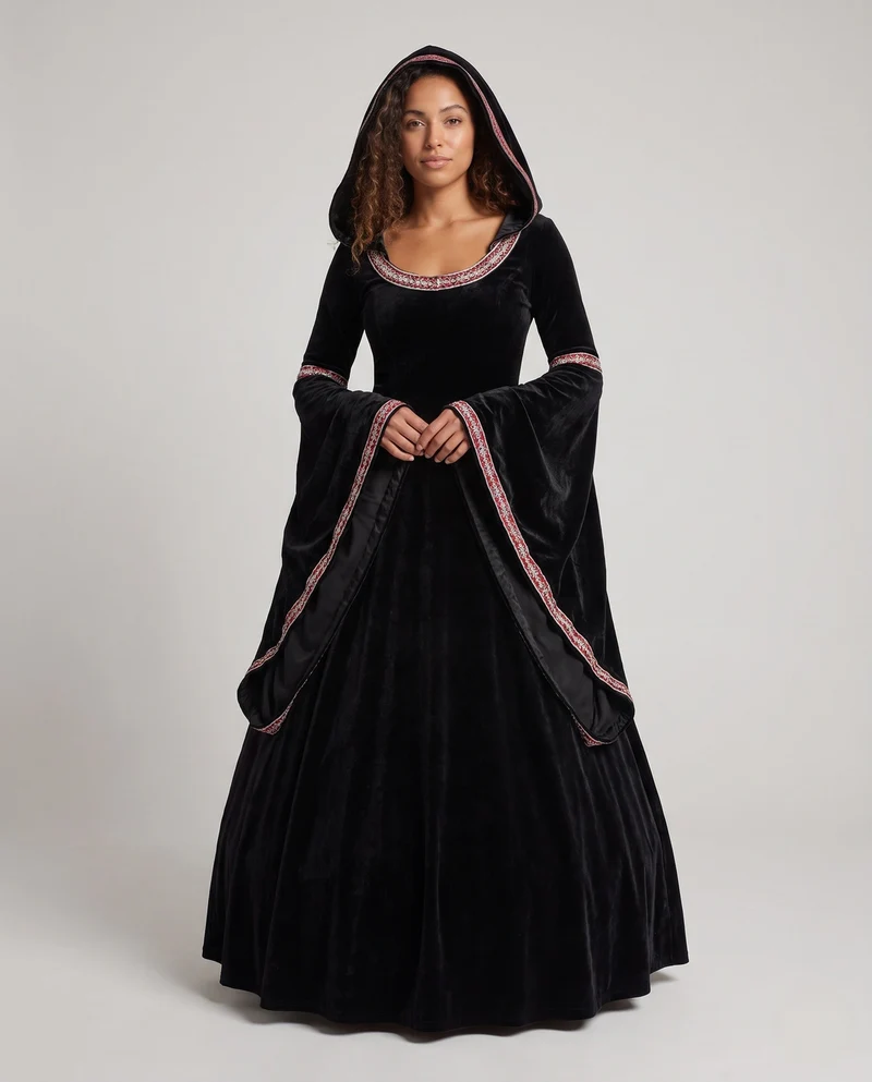 Damen Mystisches Hexenkleid mit Kapuze und weit ausgestellten Ärmeln Nord Taschen
