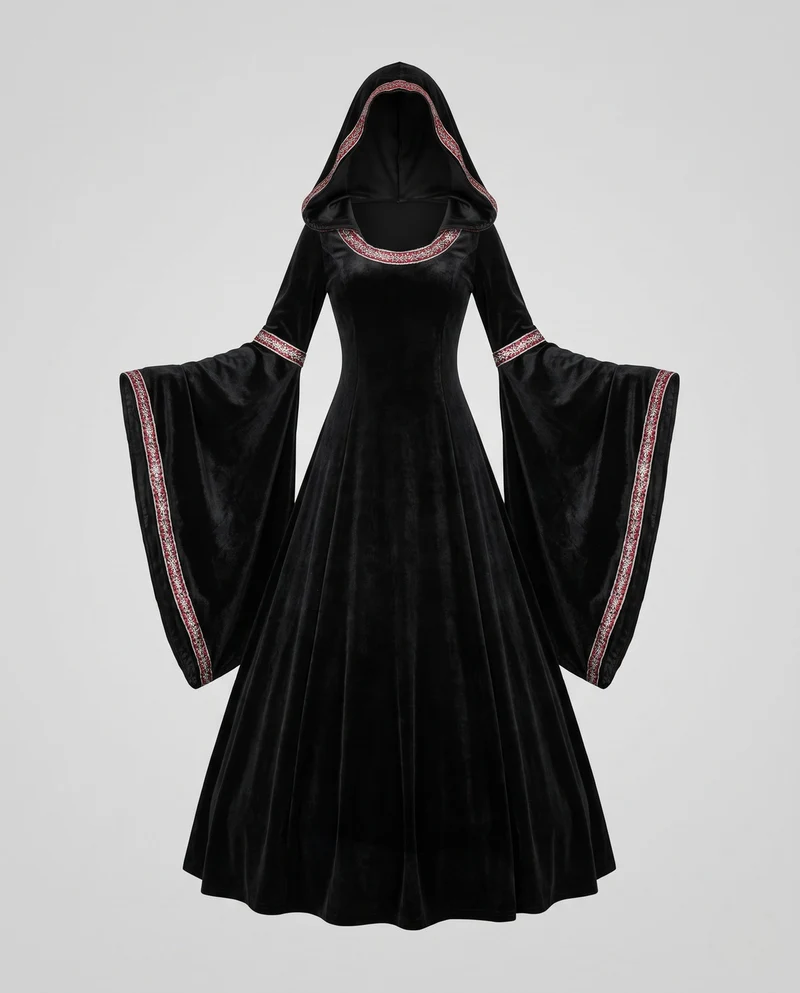 Damen Mystisches Hexenkleid mit Kapuze und weit ausgestellten Ärmeln Nord Taschen