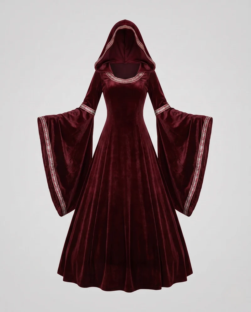 Damen Mystisches Hexenkleid mit Kapuze und weit ausgestellten Ärmeln Nord Taschen