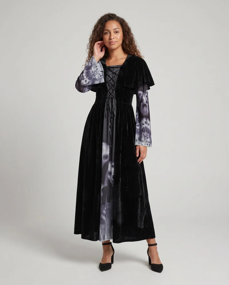 Damen Mystisches Kostümkleid mit Kapuze und weitem Hosenansatz Nord Taschen