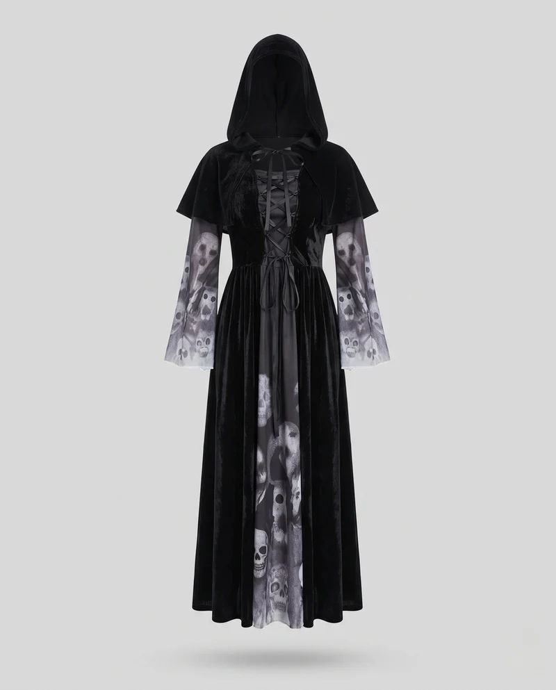 Damen Mystisches Kostümkleid mit Kapuze und weitem Hosenansatz Nord Taschen