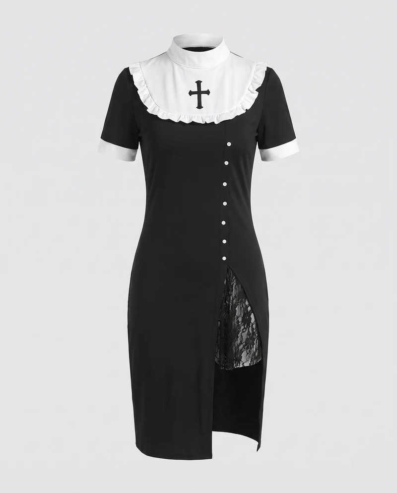 Damen Nonnenkostüm mit elegantem Spitzenkragen und Rüschendetails Nord Taschen