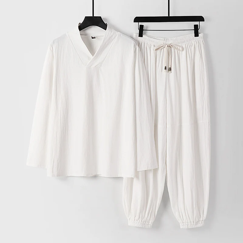 Herren Lockeres Leinen-Loungewear-Set mit V-Ausschnitt elastischem Bund und gerafften Knöcheln Nord Taschen