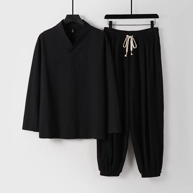 Herren Lockeres Leinen-Loungewear-Set mit V-Ausschnitt elastischem Bund und gerafften Knöcheln Nord Taschen