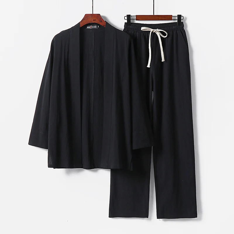 Herren Lockeres Kimono-Loungewear-Set aus leichter Baumwollmischung mit elastischer Kordelhose Nord Taschen