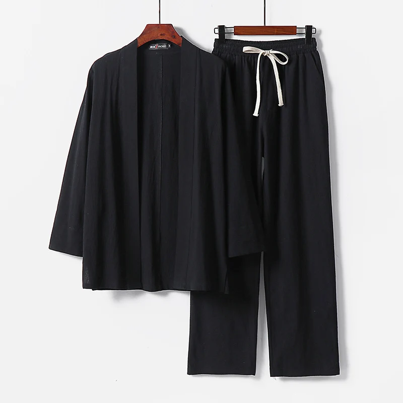 Herren Lockeres Kimono-Loungewear-Set aus leichter Baumwollmischung mit elastischer Kordelhose Nord Taschen