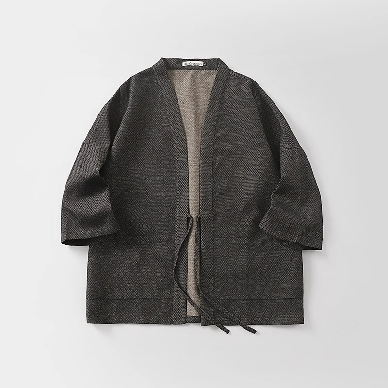 Herren Lockerer Kimono-Cardigan aus strukturierter Baumwollmischung mit kurzem Ärmel und Bindeband Nord Taschen