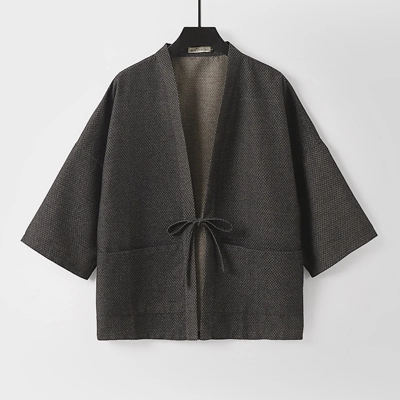 Herren Lockerer Kimono-Cardigan aus strukturierter Baumwollmischung mit kurzem Ärmel und Bindeband Nord Taschen