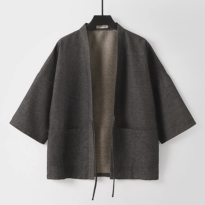 Herren Lockerer Kimono-Cardigan aus strukturierter Baumwollmischung mit kurzem Ärmel und Bindeband Nord Taschen