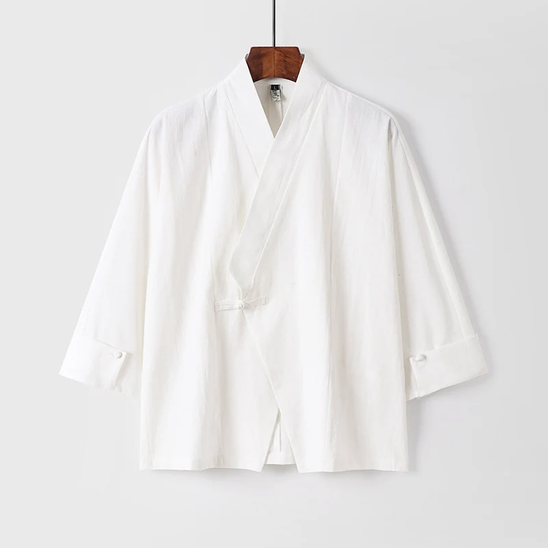Herren Leinen-Kimono-Jacke mit traditionellem Knotenverschluss und mittel-langen Ärmeln Nord Taschen
