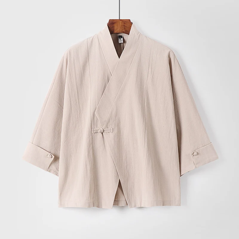 Herren Leinen-Kimono-Jacke mit traditionellem Knotenverschluss und mittel-langen Ärmeln Nord Taschen