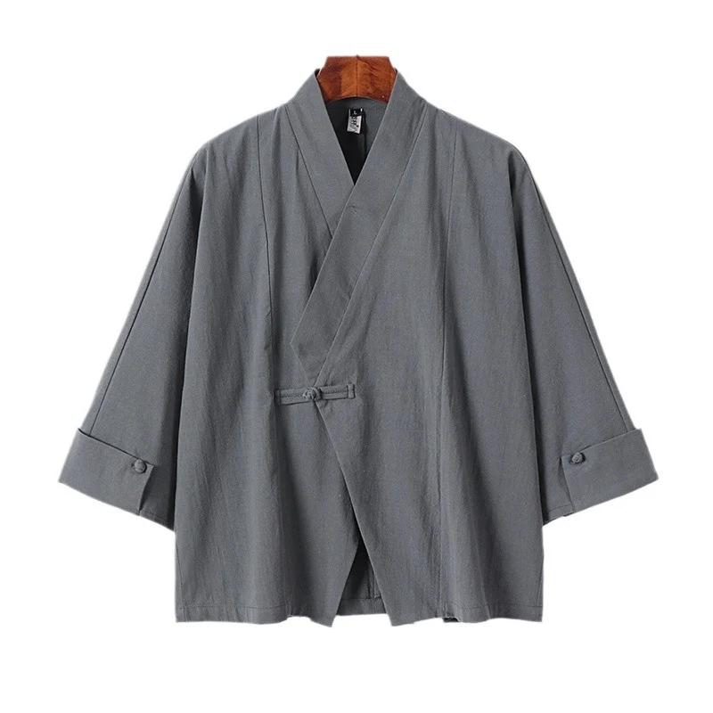 Herren Leinen-Kimono-Jacke mit traditionellem Knotenverschluss und mittel-langen Ärmeln Nord Taschen