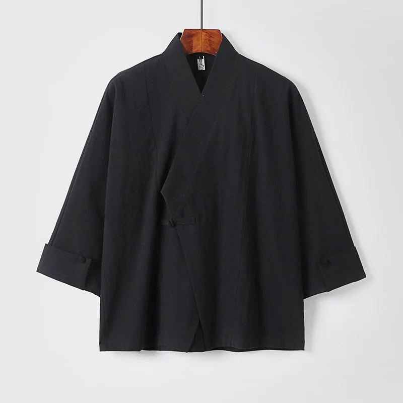 Herren Leinen-Kimono-Jacke mit traditionellem Knotenverschluss und mittel-langen Ärmeln Nord Taschen