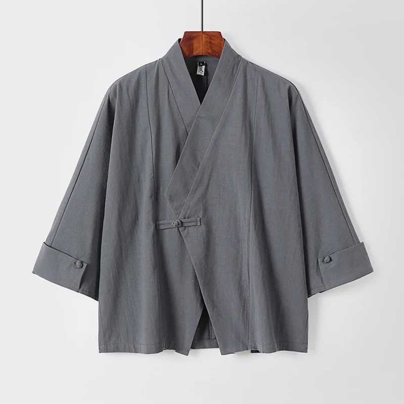 Herren Leinen-Kimono-Jacke mit traditionellem Knotenverschluss und mittel-langen Ärmeln Nord Taschen