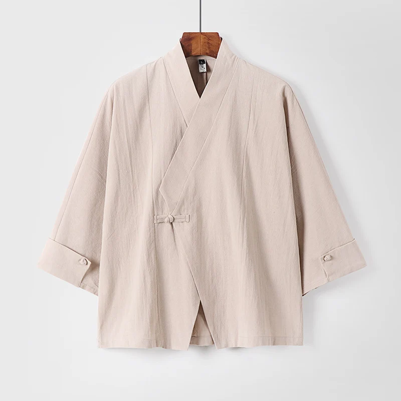 Herren Leinen-Kimono-Jacke mit traditionellem Knotenverschluss und mittel-langen Ärmeln Nord Taschen