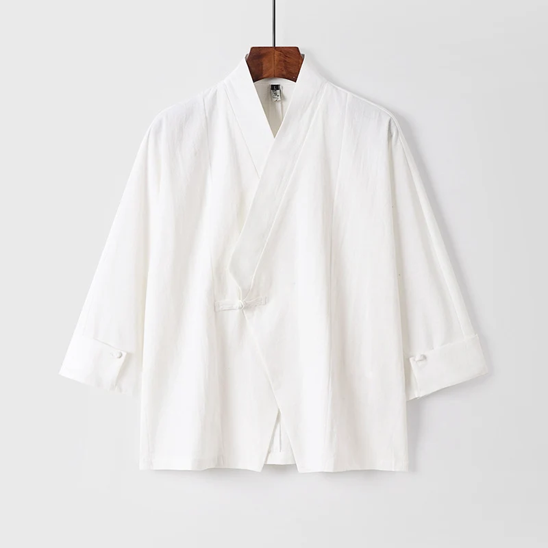 Herren Leinen-Kimono-Jacke mit traditionellem Knotenverschluss und mittel-langen Ärmeln Nord Taschen