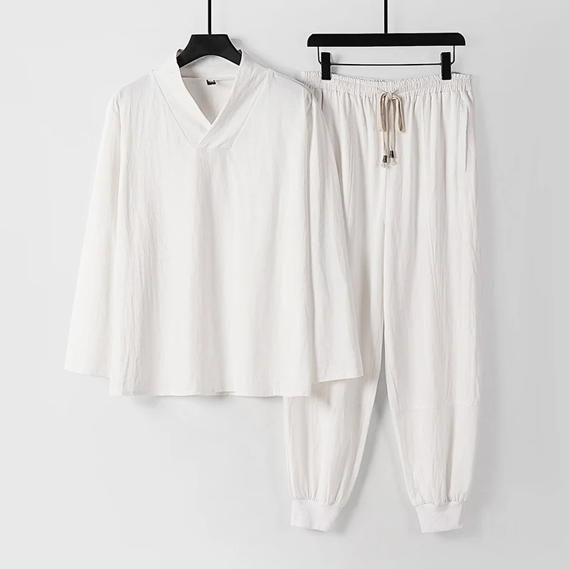 Herren Leichtes Kimono-Loungewear-Set aus Baumwollmix mit V‑Ausschnitt und elastischer Bündchenhose Nord Taschen