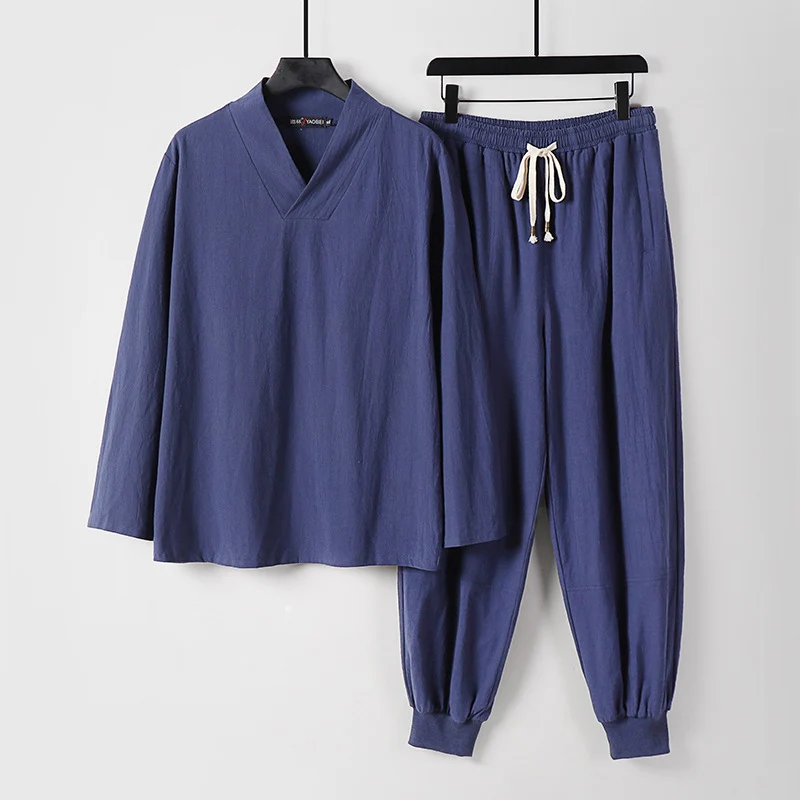 Herren Leichtes Kimono-Loungewear-Set aus Baumwollmix mit V‑Ausschnitt und elastischer Bündchenhose Nord Taschen