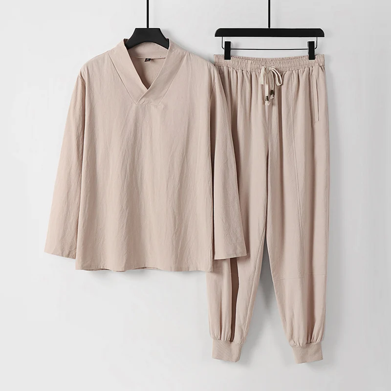 Herren Leichtes Kimono-Loungewear-Set aus Baumwollmix mit V‑Ausschnitt und elastischer Bündchenhose Nord Taschen