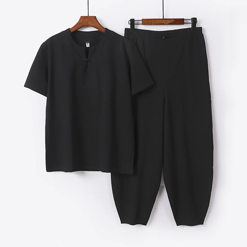 Herren Zweiteiliges Set mit Kurzarm-Stehkragenhemd und elastischer Haremshose Nord Taschen