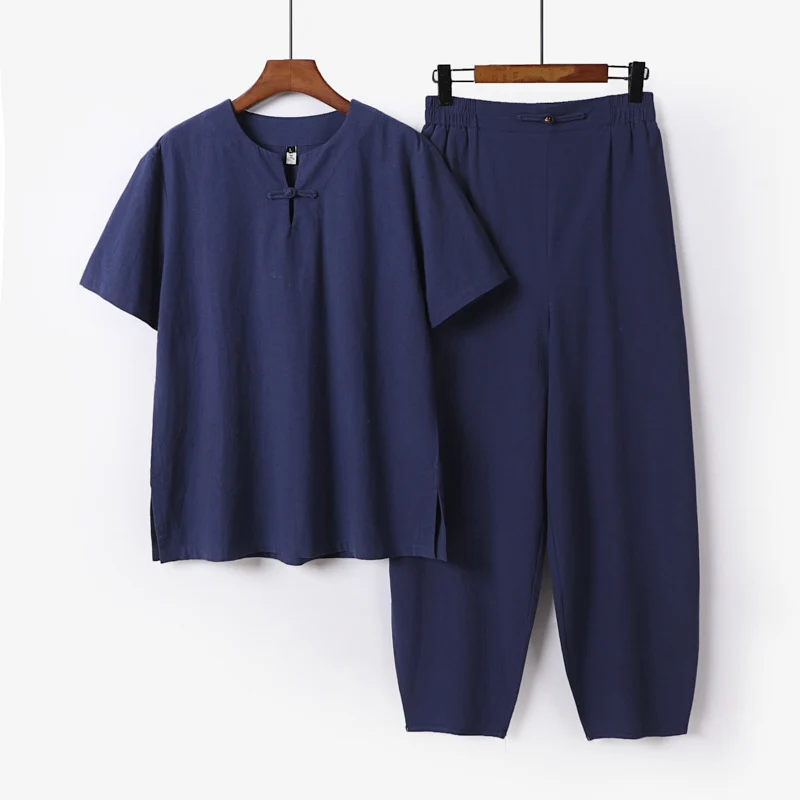 Herren Zweiteiliges Set mit Kurzarm-Stehkragenhemd und elastischer Haremshose Nord Taschen