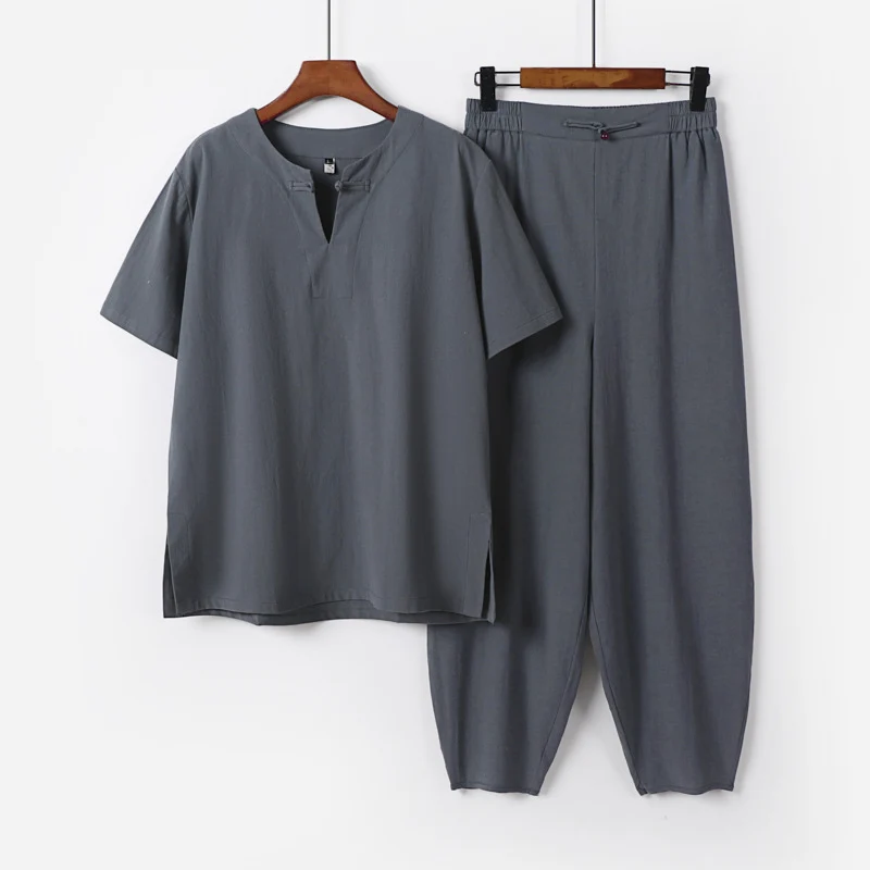 Herren Zweiteiliges Set mit Kurzarm-Stehkragenhemd und elastischer Haremshose Nord Taschen