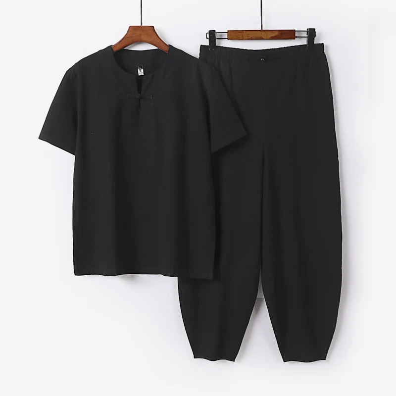 Herren Zweiteiliges Set mit Kurzarm-Stehkragenhemd und elastischer Haremshose Nord Taschen