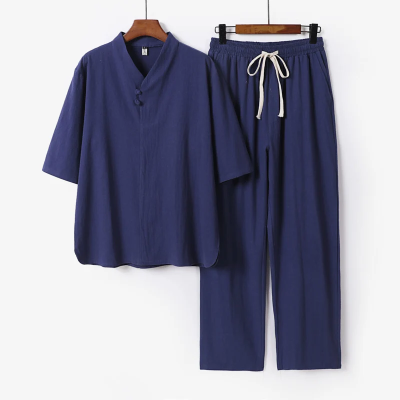 Herren Zweiteiliges Leichtes Loungewear-Set mit Stehkragen-Halbarmshirt und Kordelbund-Hose Nord Taschen